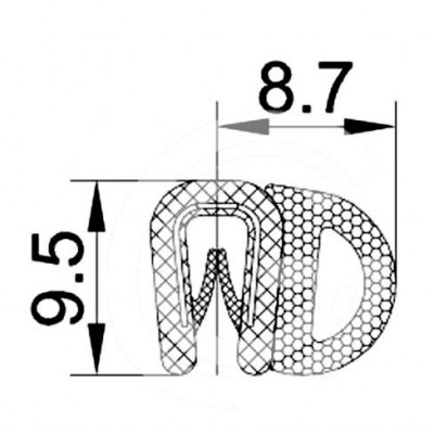 Klemprofiel | PVC | mosrubber kraal zijkant | zwart | 9,5 x 8,7 mm | rol 100 meter